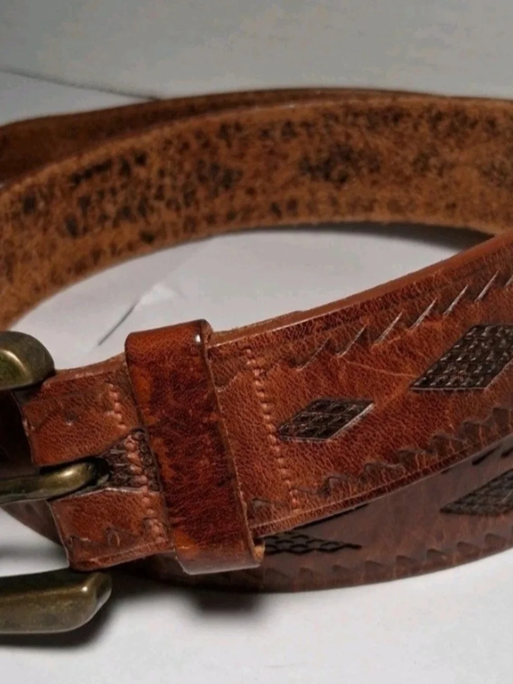 Vintage Brown Leather Belt Hand Carved Brass Buckle Mens 36